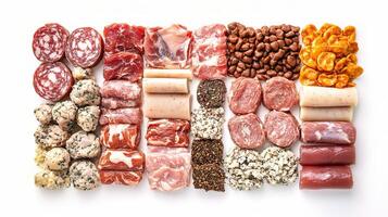 Assorted meat and cheese on white background photo