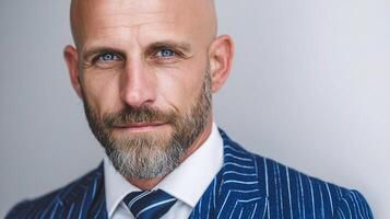 A bald man with a beard and blue eyes photo