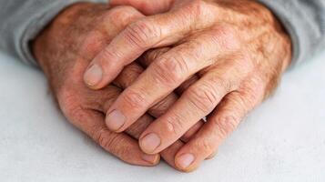 An elderly man's hands are resting on his chest photo