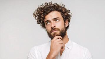 A man with curly hair and a beard looking to the side photo