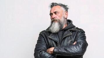 A man with a beard and a leather jacket photo