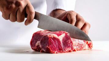 A person cutting a piece of meat with a knife photo