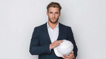 A man in a suit holding a hard hat photo