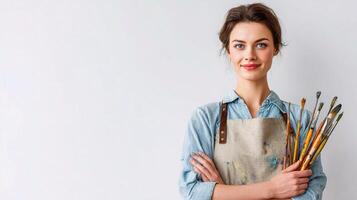 A woman holding paint brushes and an apron photo