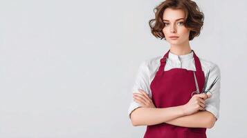 A woman in a red apron holding scissors photo