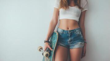A woman in shorts and a white top holding a skateboard photo