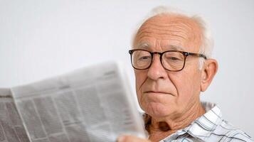 An older man wearing glasses reading a newspaper photo