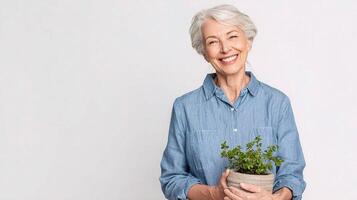An older woman holding a plant in her hand photo