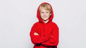 A young boy in a red hoodie photo
