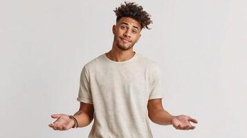 A man with his hands outstretched and a blank expression photo