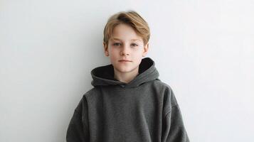 A boy wearing a hoodie on a white background photo