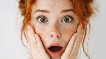 A woman with freckled hair is looking surprised photo