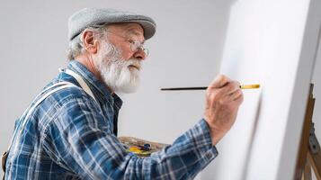 An old man with a beard and glasses is painting on a white canvas photo