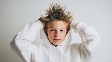 A boy with his hair in a messy mess photo