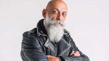 A bald man with a beard and leather jacket photo