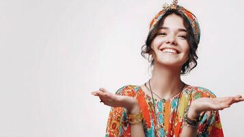 A woman in a colorful dress smiling and holding her hands up photo