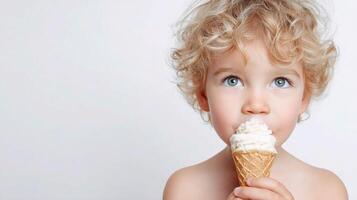 A young child with curly hair eating an ice cream cone photo