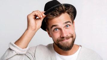 A man with a beard and hat is smiling photo
