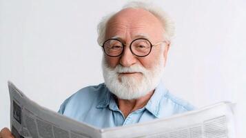 An old man with glasses reading a newspaper photo