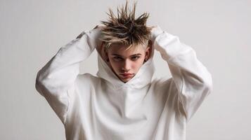 A man with a white hoodie on his head photo
