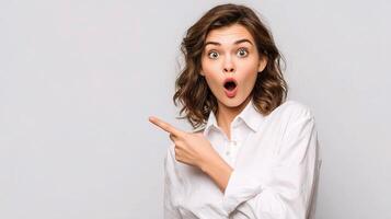 A woman is pointing to her mouth with a surprised look on her face photo