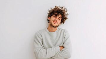 A man with curly hair is leaning against a wall photo