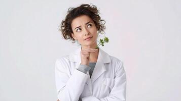 A woman in a lab coat holding a plant photo