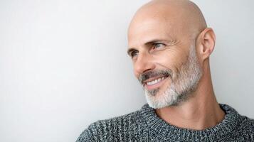 A bald man with a beard and grey sweater photo