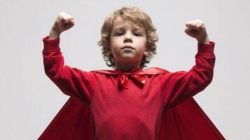 A young boy in a red cape with his arms up photo