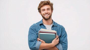 Smiling young man holding books and smiling photo