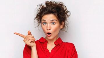 A woman is pointing to her mouth with her finger photo