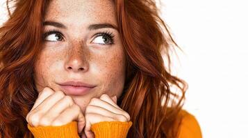 A woman with freckled hair looking up photo
