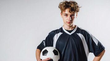 A young man in a soccer uniform holding a ball photo