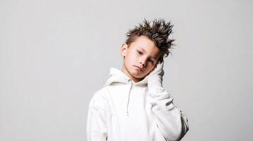 A young boy in a white hoodie and white gloves photo