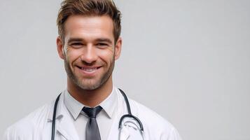 A man in a white coat and tie smiling photo