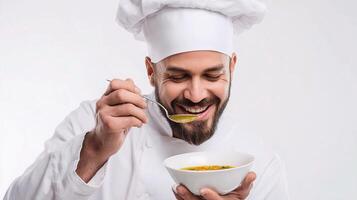 A man in a chef hat is holding a bowl of soup photo