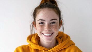 A girl with freckles smiles in a yellow hoodie photo