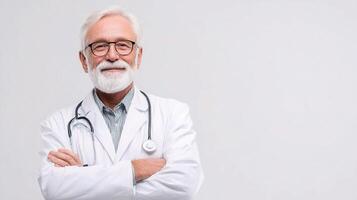 An old man in a white lab coat standing with his arms crossed photo