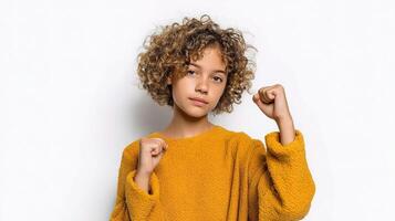 A young girl with curly hair and a yellow sweater photo