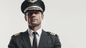 A man in a pilot's uniform with his arms crossed photo