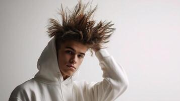 A man with his hair in a messy bun photo
