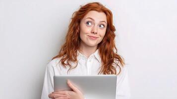 A woman with red hair holding a tablet computer photo