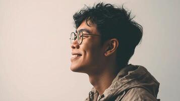 A man wearing glasses and a jacket looking up photo