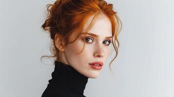 A beautiful redhead woman with a turtle neck top photo