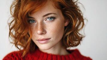 A woman with freckled hair and blue eyes photo