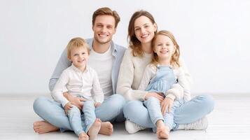 A family sitting on the floor in a white room photo