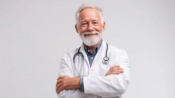 A smiling older man in a doctor's coat photo