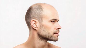 A man with a shaved head and no shirt photo