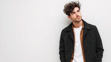 A man with curly hair wearing a coat and a white shirt photo