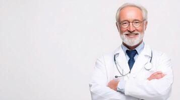 A smiling older man in a white lab coat photo